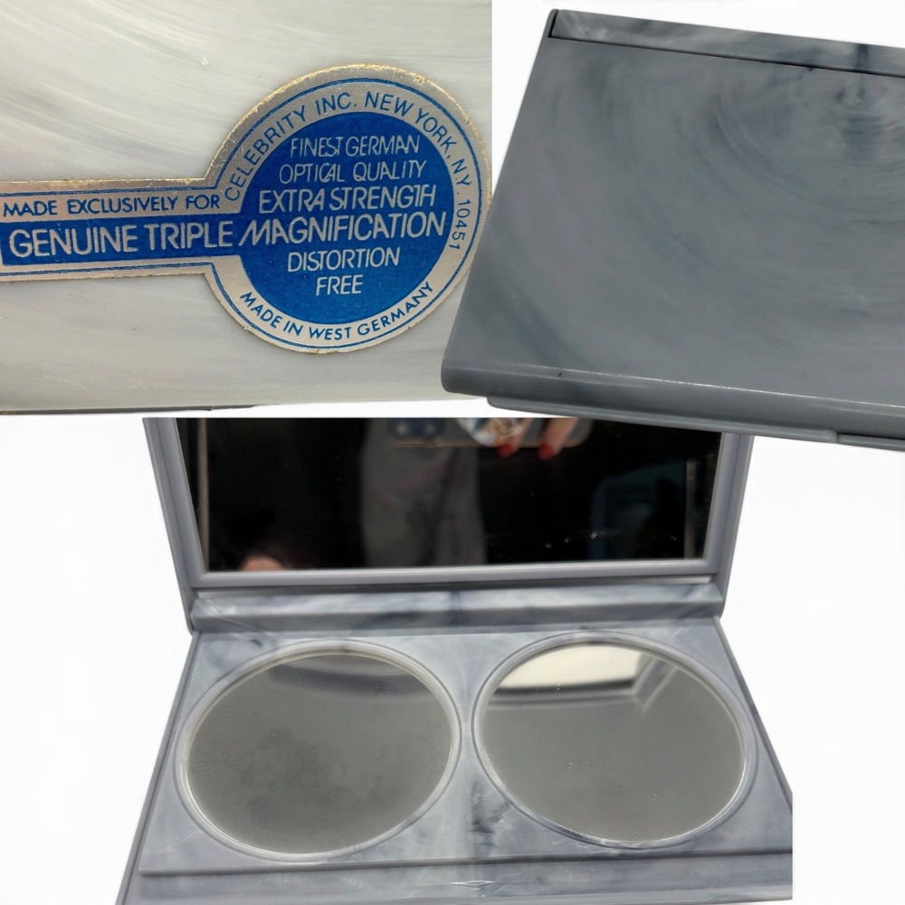 Celebrity Inc Vtg Travel Mirror Triple Magnification Grey Marbled West Germany